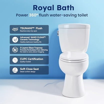 RoyalBath Elongated Two piece Toilet for Bathrooms, 12" Rough In | 17.3" ADA Height, Nano Self-Cleaning, WaterSense/MAP/CUPC Certified, 1 GPF 360° TSUNAMI Flush, Soft-Close Seat - size: 1.01 GPF Side Flush