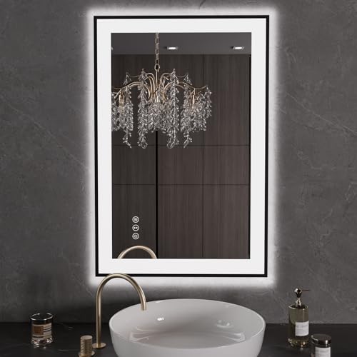 LOAAO 24"X36" LED Bathroom Mirror Black Framed | Anti-Fog, Dimmable, Memory Function, Tempered Glass, Lighted Vanity Mirror for Wall - size: 24"L x 36"W