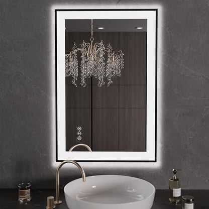 LOAAO 24"X36" LED Bathroom Mirror Black Framed | Anti-Fog, Dimmable, Memory Function, Tempered Glass, Lighted Vanity Mirror for Wall - size: 24"L x 36"W
