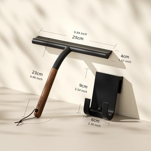 Shower Squeegee for Shower Glass, Bathroom Glass Cleaning Tool with Hook Mount, Squeegee for Glass Doors, Window Cleaning, Tile Shower Walls (Black+Wood) - color: Black+wood