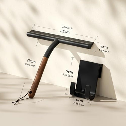 Shower Squeegee for Shower Glass, Bathroom Glass Cleaning Tool with Hook Mount, Squeegee for Glass Doors, Window Cleaning, Tile Shower Walls (Black+Wood) - color: Black+wood