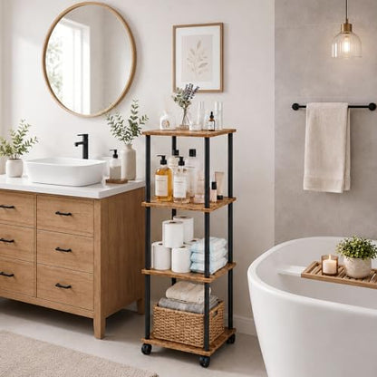 4-Tier 38.2" Tall Rustic Brown Bathroom Shelving Unit with Wheels | Wood Finish, Metal Frame, Rolling Narrow Open Shelf Design, for Laundry Room, Kitchen, Living Spaces, Easy to Move - color: Rustic Brown, size: 4-Tier