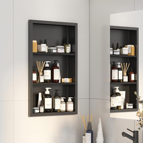 Bathroom Medicine Cabinet Recessed,14x24 Black Shower Niche for Shower Wall,Surface Mount Medicine Cabinet Replacement Shelves,Recessed Wall Niche for Over Toilet Storage/Living Room/Hallway - color: Black, size: 14x24