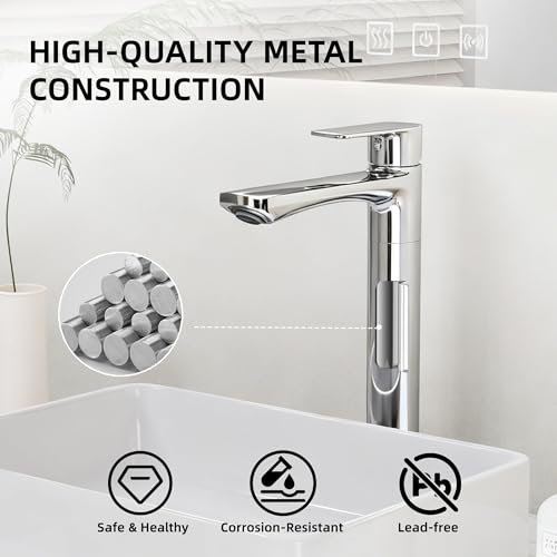 BELZ Chrome Bathroom Faucet, Tall Single Hole Vessel Sink Faucet 11.7'' | Lead-free, Anti-peeling PVD Chrome Finish, Modern Single Handle Design with Pop-Up Drain & Hoses for Bathroom RV Sink Vanity - color: Chrome