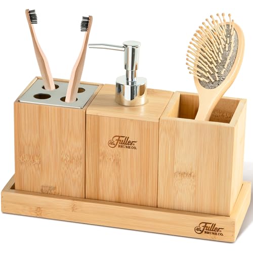 Fuller’s Bamboo Bathroom Counter Set – Eco-Friendly & Water-Resistant Sink Organizer | 4-Piece Vanity Tray, Soap Dispenser, Toothbrush Holder & Storage Container