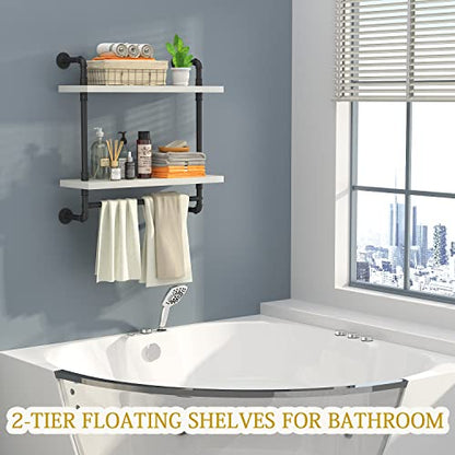 Helsin 24inch Industrial Pipe Shelving Bathroom Shelves Wall Mounted with Towel bar, 2 Tier Rustic Wood Floating Shelf, Metal Towel Rack Wall Shelf for Home & Bathroom (White, 24inch) - color: White, size: 24inch