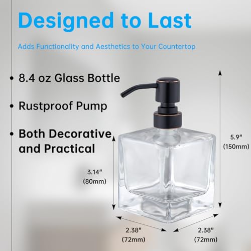 Square Bathroom Soap Dispenser Oil Rubbed Bronze, Glass Bottles with Stainless Steel Pump Retangle Cube Liquid Soap Dispenser Hand Kitchen with Waterproof Lables - color: Oil Rubbed Bronze