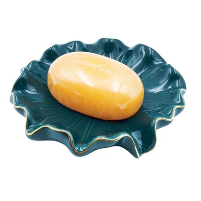 Ceramic Soap Dish Self-Draining Lotus Leaf Soap Holder Soap Saver for Bathroom,Kitchen,Sink,Bathtub(Green) - color: Green