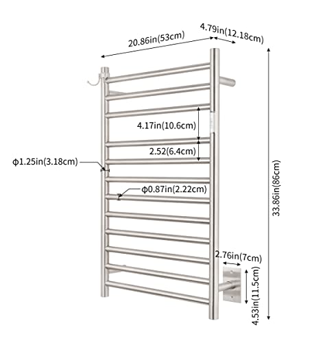 12-Bar Brushed Wall-Mounted Towel Warmer, Plug/Hardwired, 3 Timers | 12 Bars, can be surface-mounted or flush-mounted, with wiring/cable exit available on either the right or left side - color: Brushed