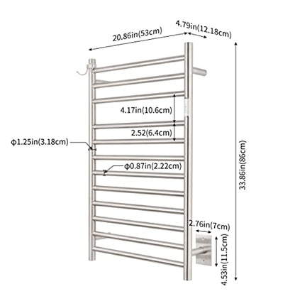 12-Bar Brushed Wall-Mounted Towel Warmer, Plug/Hardwired, 3 Timers | 12 Bars, can be surface-mounted or flush-mounted, with wiring/cable exit available on either the right or left side - color: Brushed