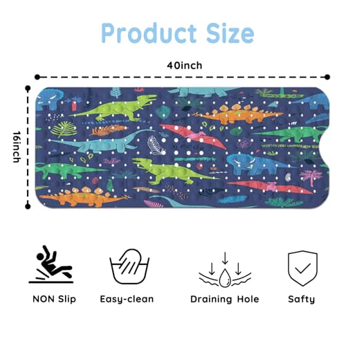 Bathtub Mats for Kids, Cartoon Blue Dinosaur Bath Mat for Tub Non Slip, 40 X 16 Inch Large Washable Bathtub Mat Non Slip for Showers with Drain Holes and Suction Cups - color: Blue Dinosaur