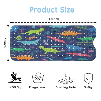 Bathtub Mats for Kids, Cartoon Blue Dinosaur Bath Mat for Tub Non Slip, 40 X 16 Inch Large Washable Bathtub Mat Non Slip for Showers with Drain Holes and Suction Cups - color: Blue Dinosaur