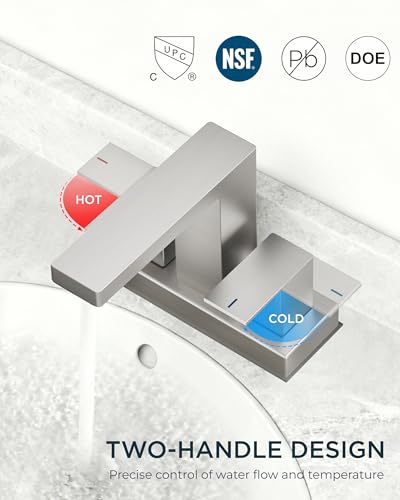 QFN 4 Inch Centerset Bathroom Faucet 2 or 3 Hole Two Handles Brushed Nickel | Bathroom Sink Faucet Square with Pop-up Drain and 24" cUPC Supply Lines, Lead-Free for RV Vanity Laundry Farmhouse Sink - color: Brushed Nickel, style: Centerset