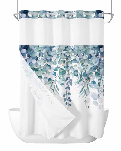 No Hook Shower Curtain and Snap in Liner Set, Blue Green Eucalyptus Fabric Bathroom Stall Shower Curtains 48x72, See Through Mesh Top Window, Spring Summer Botanical Floral Leaves Country Hotel Style - color: Blue Green, size: 48"W x 72"L (Pack of 1)
