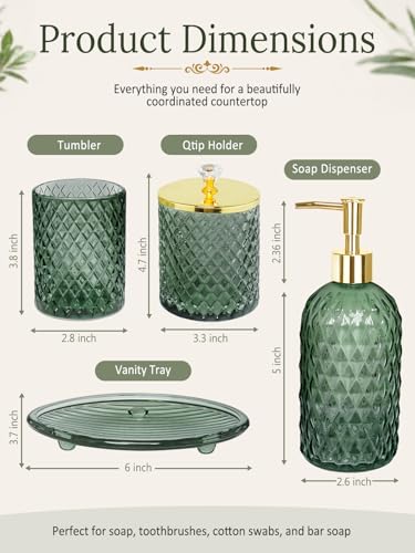 Haturi Glass Bathroom Accessories Set, Sage Green Bathroom Set, 4 Pcs | Kit w/ Bathroom Soap Dispenser Set, Toothbrush Holder, Qtip Holder,Soap Dish, Green Bathroom Decor, Gift for Home Apartment - style: Sage Green