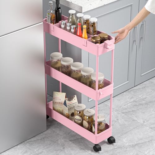 Slim Storage Cart 3 Tier,Bathroom Organizer Rolling Utility,Mobile Shelving Unit Slide Out for Office, Kitchen, Laundry Room & Narrow Places,Pink - color: Pink