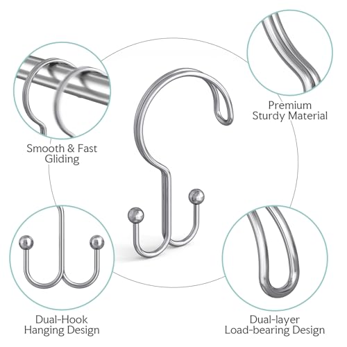 Bathway Shower Curtain Hooks Ring Chrome, 12 Pcs Double Sided Shower Hooks, Rust Proof Metal Shower Hooks for Bathroom, Anti-Drop Shower Rings for Shower Curtain & Liners - color: Chrome, style: Double-layer Shower Hooks