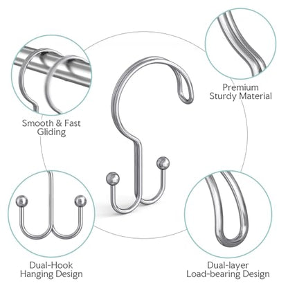 Bathway Shower Curtain Hooks Ring Chrome, 12 Pcs Double Sided Shower Hooks, Rust Proof Metal Shower Hooks for Bathroom, Anti-Drop Shower Rings for Shower Curtain & Liners - color: Chrome, style: Double-layer Shower Hooks