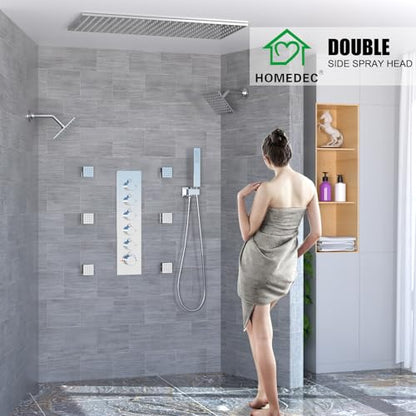 HOMEDEC 15.7x31.5" Rainfall Shower Head System, with 6 Body Jets with Handheld and Dual Side 6" Wall Mount Head, Chrome - color: Chrome, style: 5-Way + 2x 6" Top