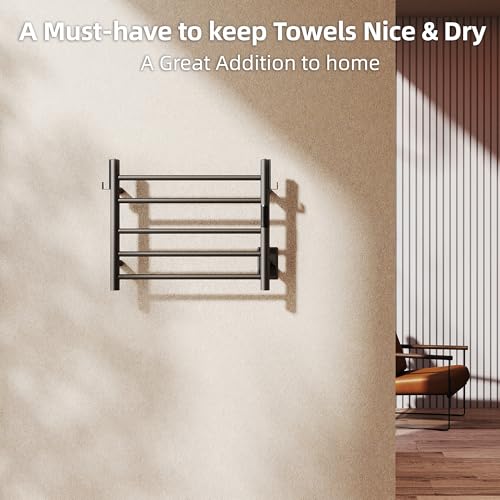 P&Dlusir EL13 Heated Towel Rack, Matte Black, 5 Bar | Fast Heat in 2 Min, Smart Timer, Thermo Control, Memory Functoion, Stainless Steel, Hard-Wired/Plug-in - color: Matte Black, size: 21.65"W x 17.72"H