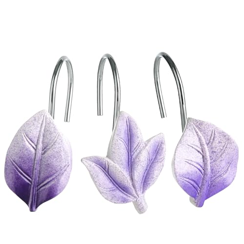 Purple Plant Leaf Shower Curtain Hooks,Eucalyptus Bathroom Decor,12PCS | Cute Decorative Leaves Shower Curtain Rings,Metal Rustproof,Easy Installation,Smooth sliding - color: Purple