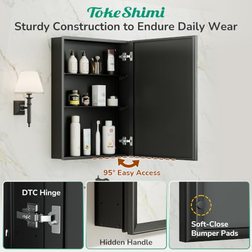 14 x 18 Recessed Medicine Cabinet, Assembly Required, Black Bathroom Medicine Cabinet with Mirror, Stepless Adjustable Shelves, Tempered Glass, Beveled Aluminum Frame - color: Black, size: 14x18 in
