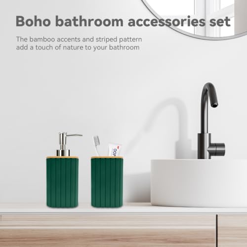 Bathroom Accessories Set, 2PCS Dark Green Soap Dispenser, Toothbrush Holder | Bamboo Bathroom Sets Accessories, Bathroom Set Striped - color: Green