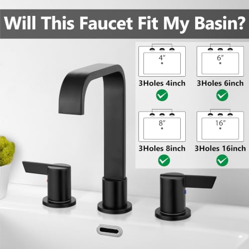 Matte Black Bathroom Faucet 3 Hole 8 Inch Widespread Waterfall | 2-Handle Vanity Faucet, Pop-Up Drain, Supply Lines, Adjustable 4- to 16-Inch Widespread Fit, 360° Swivel Spout - color: Matte Black