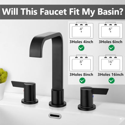Matte Black Bathroom Faucet 3 Hole 8 Inch Widespread Waterfall | 2-Handle Vanity Faucet, Pop-Up Drain, Supply Lines, Adjustable 4- to 16-Inch Widespread Fit, 360° Swivel Spout - color: Matte Black