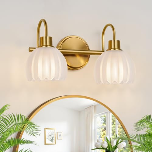2-Light Bathroom Vanity Light, Brushed Gold Bathroom Light Fixtures with Ribbed Frosted Clear Tulip Glass Shades, Vanity Light Fixtures Over Mirror for Bedroom, Living Room, Hallway - color: Brushed Gold - Tulip Frosted Clear, size: 2-light
