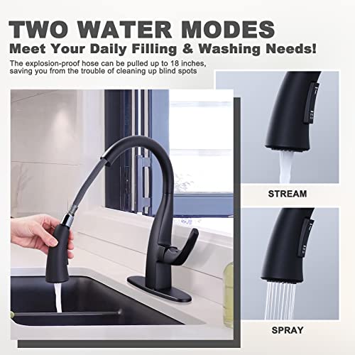 WOWOW Rv Kitchen Sink Faucet with Sprayer - Matte Black Kitchen Water Faucets with Pull Down Sprayer Laundry Sink Faucet, Single Handle Elegant Gooseneck Pull Out Black Faucets Black for Rv Farmhouse - color: Matte Black Faucet Kitchen, style: Kitchen Fau
