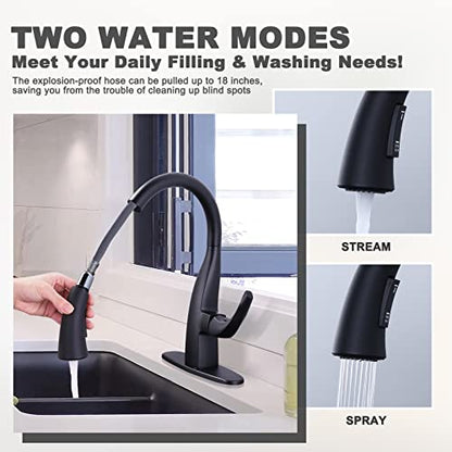 WOWOW Rv Kitchen Sink Faucet with Sprayer - Matte Black Kitchen Water Faucets with Pull Down Sprayer Laundry Sink Faucet, Single Handle Elegant Gooseneck Pull Out Black Faucets Black for Rv Farmhouse - color: Matte Black Faucet Kitchen, style: Kitchen Fau