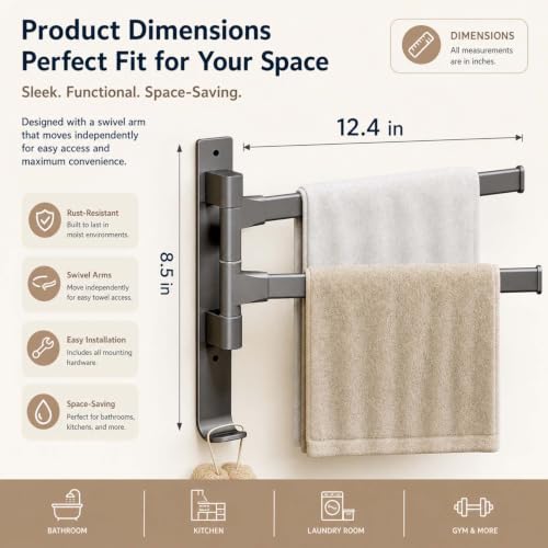 2-5 Arms Swivel Towel Rack Bath Towel Holder with Hook Swing Arm Towel Rack Wall Mount for Bathroom Kitchen-Grey 2Arm - color: Grey, size: 2-arm