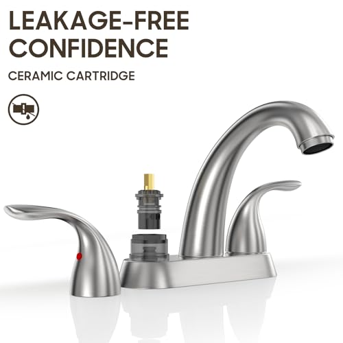 Centerset 4 Inch Brushed Nickel 2 or 3 Holes Stainless Steel Bathroom Sink Faucet, 2 Handle Bathroom Faucet with Copper Pop Up Drain and Water Supply Lines, BF008-5-BN - color: Brushed Nickel, style: 1 Pack