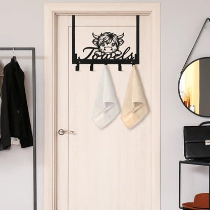 Kathfly Highland Cow Over the Door Hooks Highland Cow Towel Hooks Heavy Duty Hanging Towel Rack Over Door Hanger, 5 Coat Hanger for Bedroom Bathroom Kitchen, Black - color: Black, style: Highland Cow