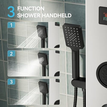 5 in 1 Brushed Nickel Rainfall Shower Panel Tower System With Storage Shelf | Stainless Steel Shower Tower with Rainfall Shower Handheld and Tub Spout Powerful Body Jets Shower Panel Set by BATHLAVISH - color: Brushed Nickel