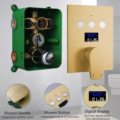 Temperature Display Rain Mixer Shower Faucet Set with 6 pcs Body Jets 12 inch Square Rainfall Shower Head with Handheld Spray Wall Mounted Rough-in Valve and Trim Included,Brushed Gold - color: Brushed Gold