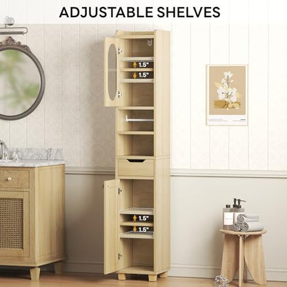 LIKIMIO 69" Tall Bathroom Cabinet with Drawer and Tissue Holder | Slim 11.8-inch footprint adds two doors, one drawer, adjustable shelves, and a pull-out tissue holder, Rustic White - color: Rustic White, size: Medium