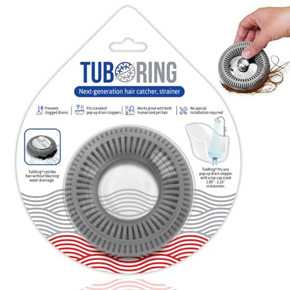 TubRing Pop-Up Drain Protector & Strainer Silicone Hair Catcher, Gray | Easy snap-in design fits around bathtub stoppers. Customizable utility guard for clog prevention. Fits 1.85"- 2.16" drains. - color: Gray