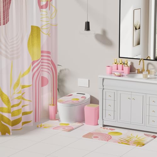 Bathroom Set - 27PC Bathroom Sets with Shower Curtain and Rugs, Pink Bathroom Set, Bathroom Accessory Set, Trash Can, Toilet Brush & 3 PC Soap Dispensers - color: Pink, size: Bath Set+Boho Shower Curtain+Bath Rugs