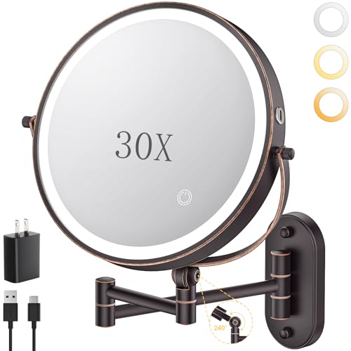 9" Wall Mounted Lighted Makeup Mirror,4000mAh Rechargeable Double Sided 1X/30X Magnifying Mirror with Light,Touch Dimmable,Extended Arm 360 Rotation Wall Mounted Makeup Mirror 3 Color Lights-Bronze - color: 4000mah-9inch-30x-antique Bronze