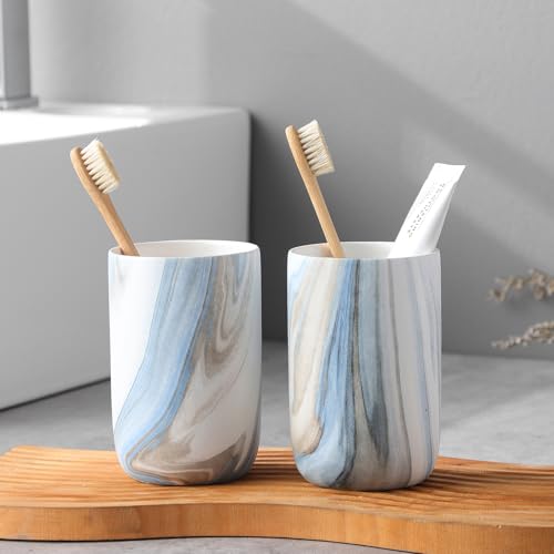 Blue Marble Toothbrush Holders - 2 Ceramic Toothbrush Holders for Bathrooms Toothbrush Toothpaste Holders Set, Bathroom Tumbler Cups Reusable Toothbrush Mouthwash Cup, Bathroom Counter Organizer. - color: Blue Marble, size: 2pcs