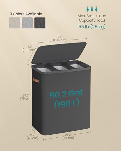 SONGMICS Laundry Basket, 50.2 Gal. Laundry Hamper, 3 Compartments, Easy Assembly, with Lid and Handles, Removable Liners, 25.2 x 15.7 x 29.5 Inches, Ink Black ULCB814BH01 - color: Ink Black, size: 190 L (3-Section)