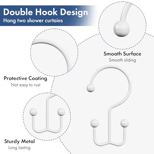 Bathway Shower Curtain Hooks White Shower Curtain Rings, 12 Pcs Double Hook Shower Curtain Hooks Rings Shower Curtain Hangers Rust Proof, Metal Shower Hooks for Bathroom Shower Curtain Rod - color: White, style: Minimalist