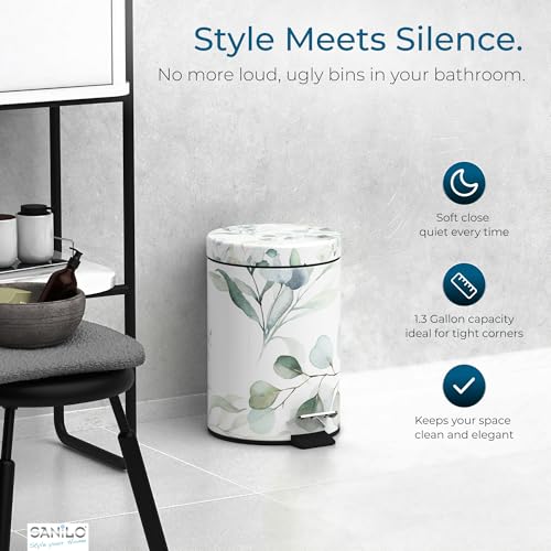 Sanilo Small Bathroom Trash Can with Lid [1.3 Gallon] - Lidded Tiny Trashcan for Garbage - Mini Metal Bin with Soft Closing Mechanism - Bath Room Accessoire Wastebin with Inner Bucket (Eucalyptus) - color: Eucalyptus