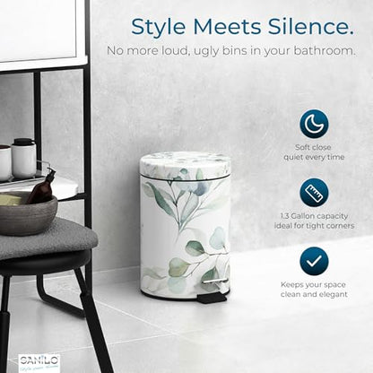 Sanilo Small Bathroom Trash Can with Lid [1.3 Gallon] - Lidded Tiny Trashcan for Garbage - Mini Metal Bin with Soft Closing Mechanism - Bath Room Accessoire Wastebin with Inner Bucket (Eucalyptus) - color: Eucalyptus