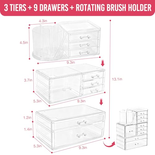 ShineMe Clear Makeup Organizer with 9 Drawers, 3 Tier Stackable Makeup Storage Organizer with Rotating Brush Holder, Acrylic Countertop Makeup Organizer for Vanity Skincare Jewelry Hair Accessories - size: 3 tires, 9 drawers