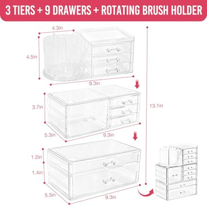 ShineMe Clear Makeup Organizer with 9 Drawers, 3 Tier Stackable Makeup Storage Organizer with Rotating Brush Holder, Acrylic Countertop Makeup Organizer for Vanity Skincare Jewelry Hair Accessories - size: 3 tires, 9 drawers