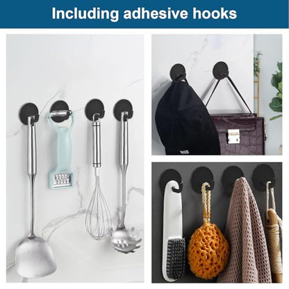 Razor Holder 304 Stainless Steel for Shower + Adhesive Sticky Heavy Duty Waterproof Wall Hooks, Premium for Hanging Towels, Coat, hat (6+6 Pack) - Black - color: Black-12pcs