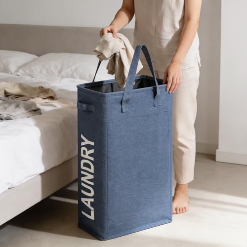 Narrow Laundry Hamper, Skinny Laundry Basket, 45L Blue, 21" | Slim Laundry hamper for Small Spaces laundry bag with handle, Foldable clothes hampers for laundry basket organizer - color: Denim Blue